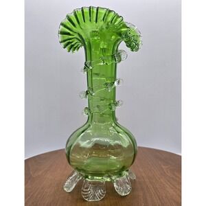 Late 1800's Antique Stevens & Williams Green Art Glass Vase with Applied Rigaree